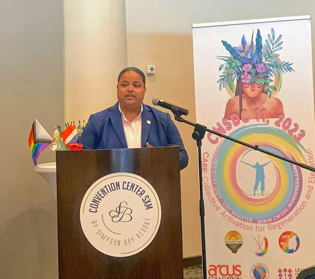 Sint Maarten MP Melissa Gumbs welcomes conference-goers.