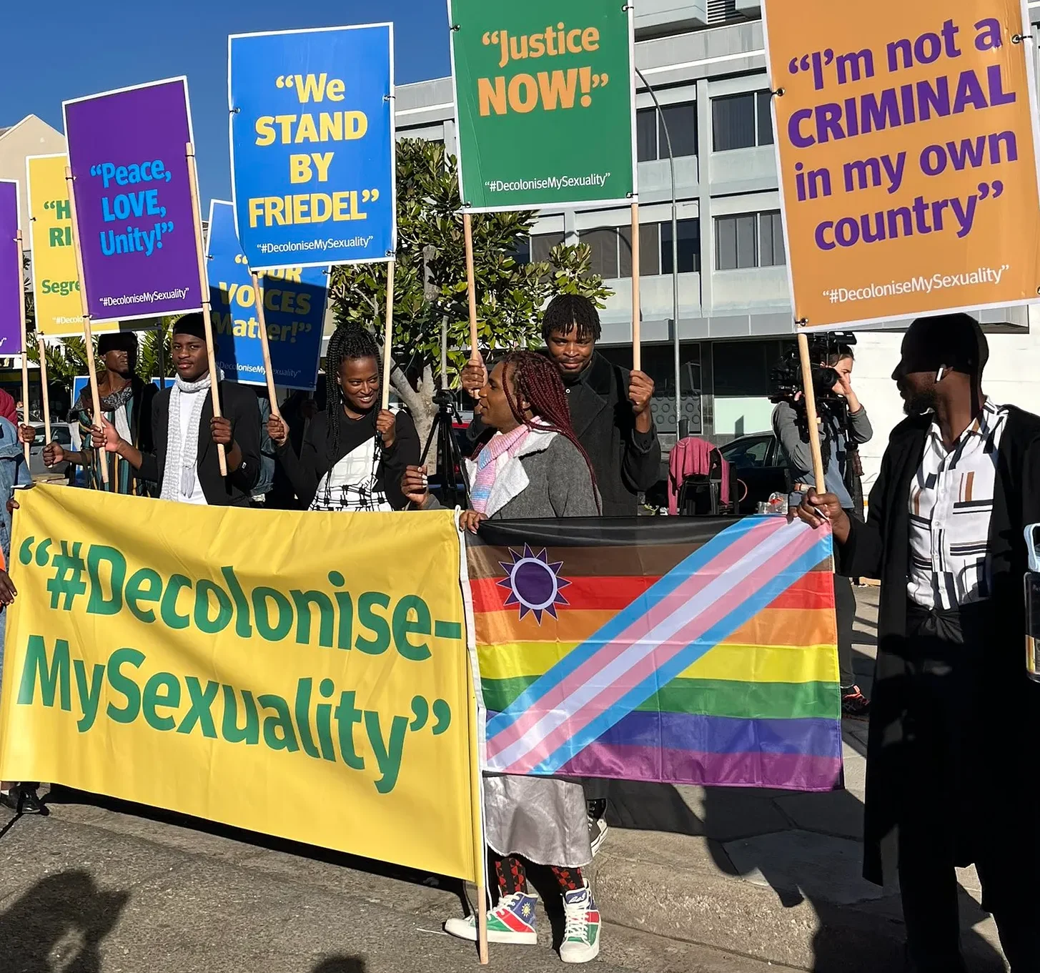 LGBT activists demonstrate outside the High Court in Windhoek, Namibia, ahead of the court's ruling decriminalizing sodomy. (Photo courtesy @EqualNamibia on X/Twitter)