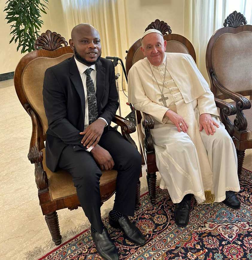 Ebenezer Peegah (left), director of the LGBTQ rights group RIghtify Ghana, and Pope Francis.