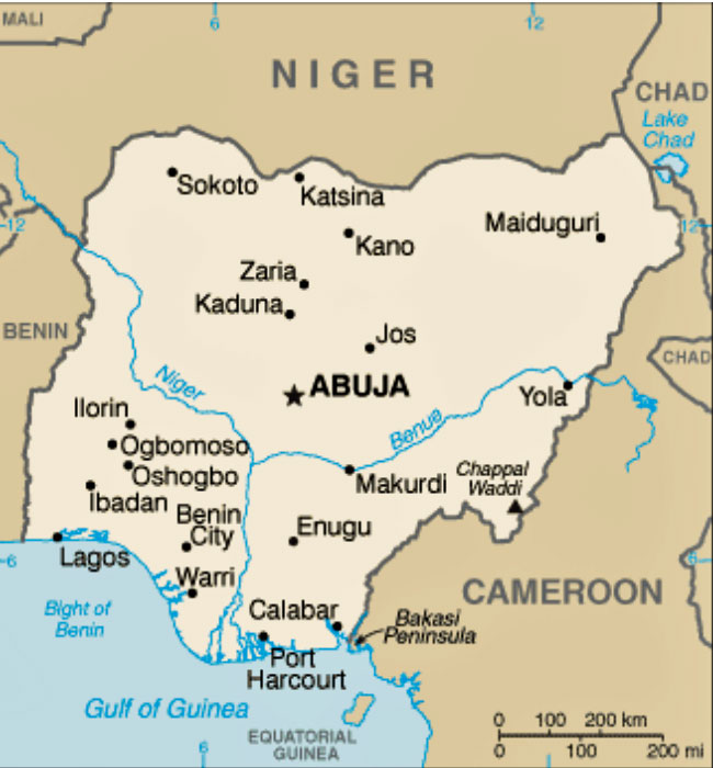 Map shows location of Kano in north central Nigeria and Lagos in the southwest.