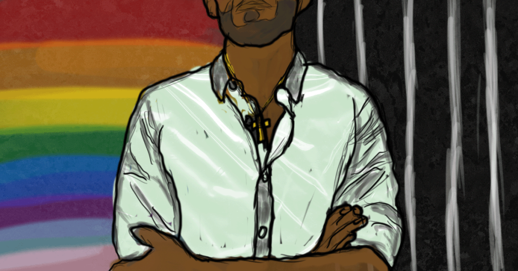 Illustration of a man wearing a cross necklace with pride colors at the left and jail bars at the right.