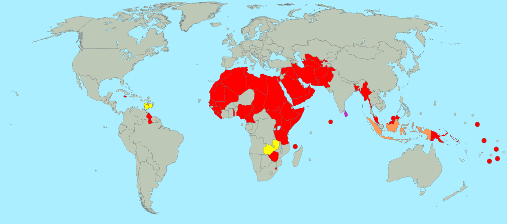 Map of the 65 countries where sexual relations between people of the same sex are illegal. YELLOW countries have sodomy laws that are currently being challenged before local courts. Sri Lanka, in PINK, currently has a bill before its parliament to repeal its sodomy law. Indonesia, in ORANGE, has laws that criminalize homosexuality only in some subnational jurisdictions. All states in RED have nationwide sodomy laws and no known legislative efforts or court challenges to remove them.