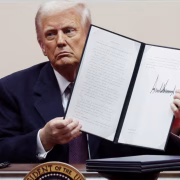 U.S. President Donald Trump displays a newly signed executive order on Jan. 20, 2025. (Photo courtesy of Reuters)