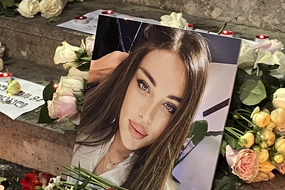 A portrait of Kesaria Abramidze, a transgender actor and model who was stabbed to death, is displayed at a vigil near parliament in Tbilisi, Georgia, on Sept. 19, 2024. (Sophiko Megrelidze photo courtesy of AP)