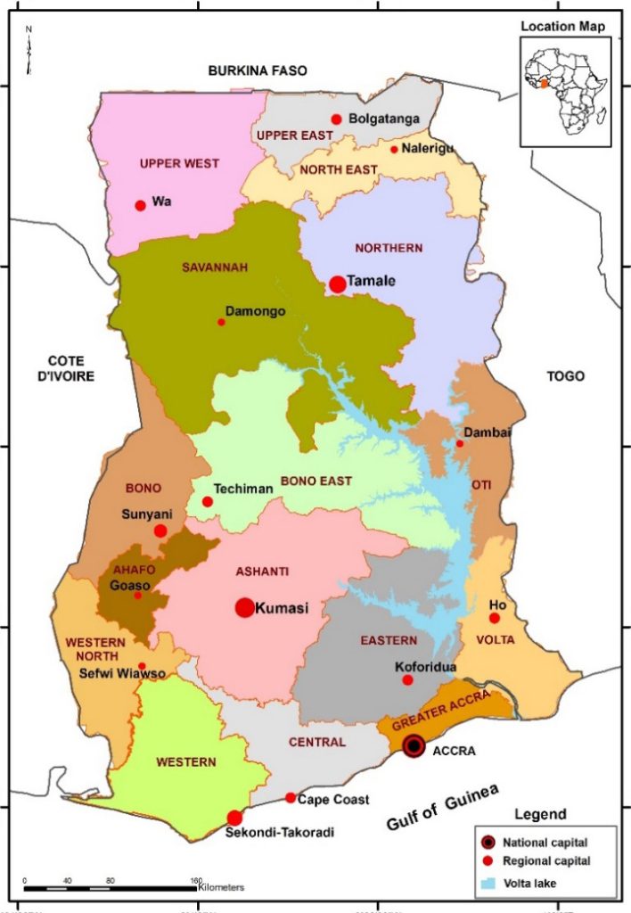 Map of Ghana shows Wa in the northwest and Tamale in the northeast. (Map courtesy of From Many Kingdoms, We Became One: The History of Ghana)