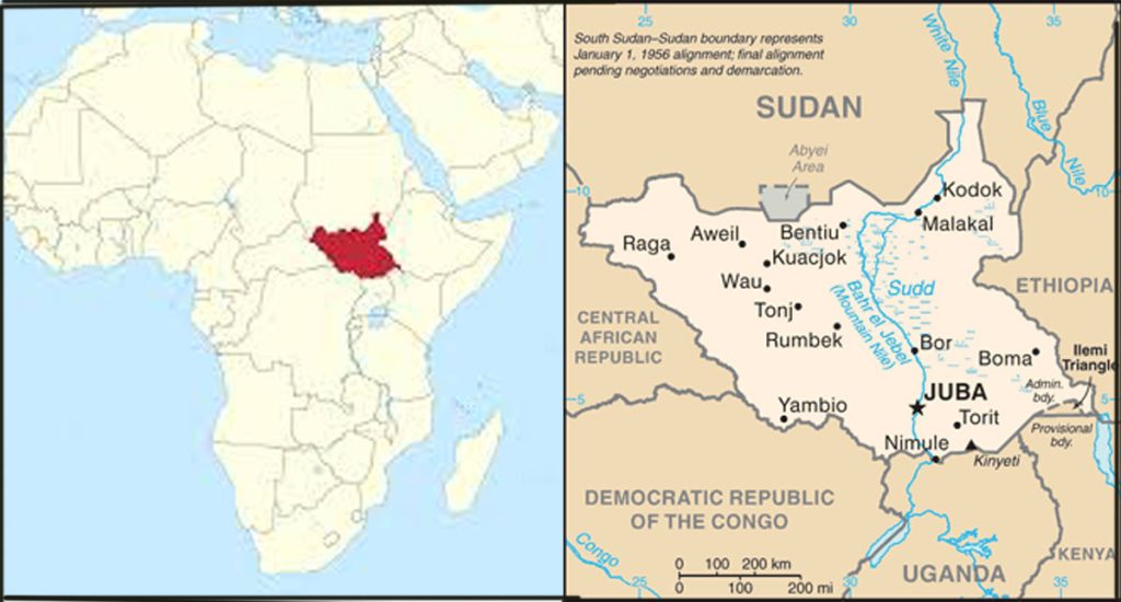 Maps show the location of South Sudan in East Africa, bordered by Sudan, Ethiopia, Kenya, Uganda, the Democratic Republic of the Congo and the Central African Republic. (Maps courtesy of Wikimedia and Worldometer)