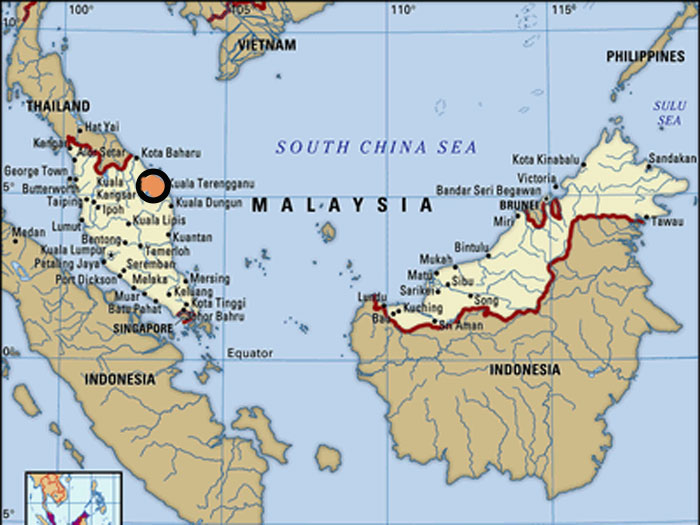 Kuala Terengganu is located on the east coast of the Malaysian peninsula.