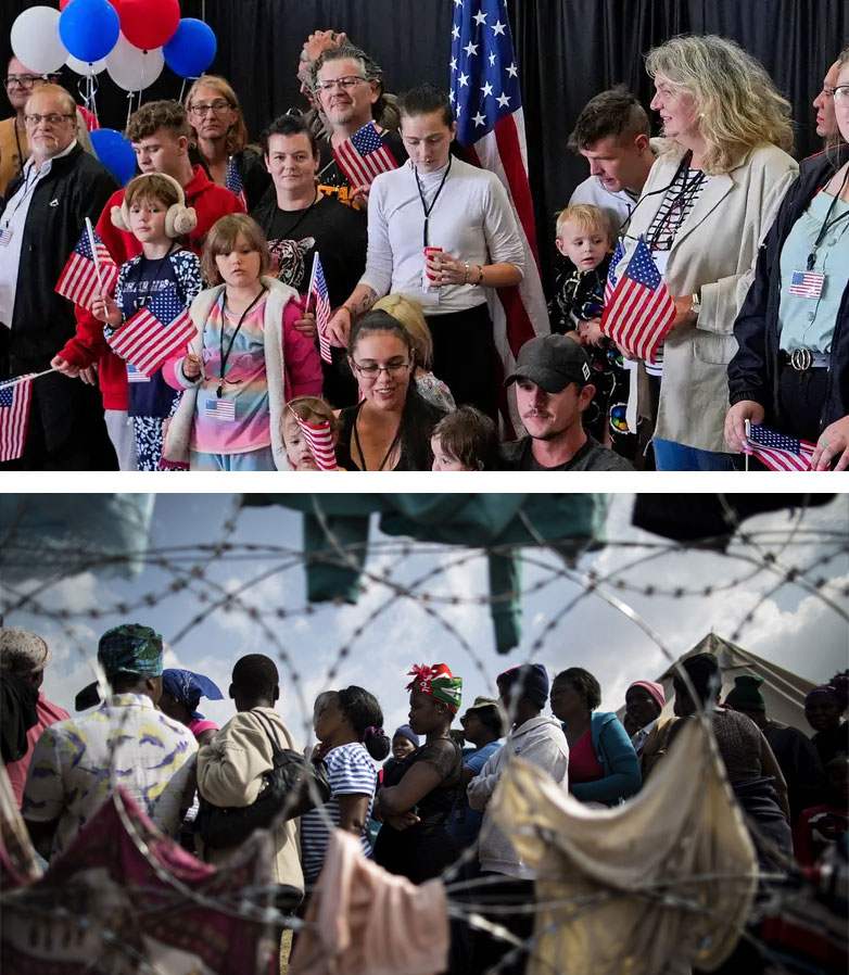 White South Africans are welcomed by the United States, while black Africans remain confined in refugee camps.