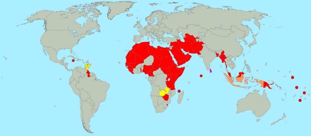 Map of the 65 countries where sexual relations between people of the same sex are illegal. YELLOW countries have sodomy laws that are currently being challenged before local courts. Sri Lanka, in PINK, currently has a bill before its parliament to repeal its sodomy law. Indonesia, in ORANGE, has laws that criminalize homosexuality only in some subnational jurisdictions. All states in RED have nationwide sodomy laws and no known legislative efforts or court challenges to remove them.