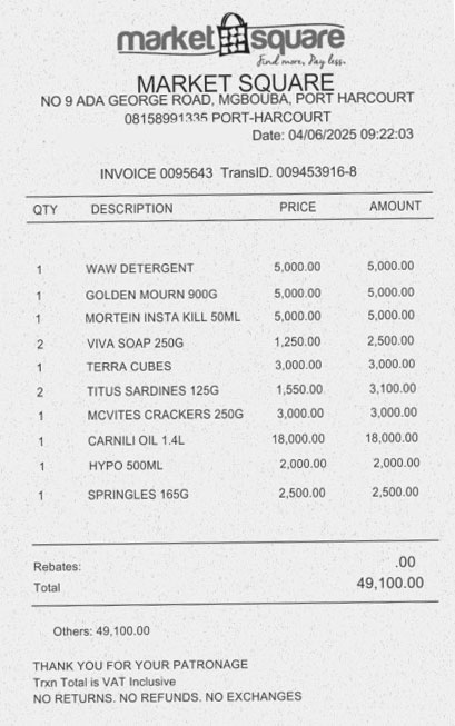 This is the receipt for the groceries that Daemon purchased and delivered to Sully for 49,100 naira (about $31). This was one of two simiar purchases and deliveries.(Photo by Mike Daemon)