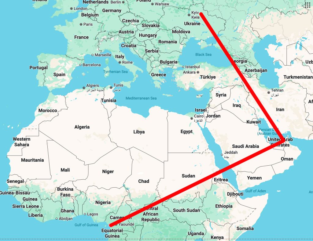 Gaëlle travels from Douala, Cameroon, to Dubai, U.A.E., to Kharkhiv, Ukraine.