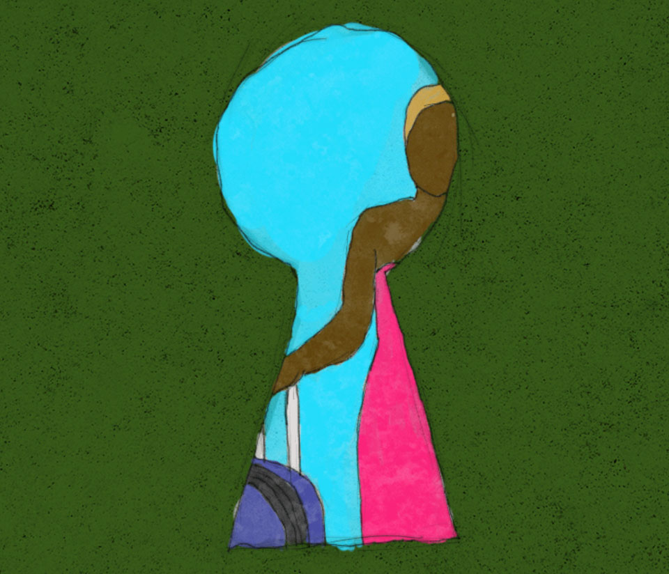 Illustration by Rex Opara shows a trans woman holding luggage, as seen through a keyhole.