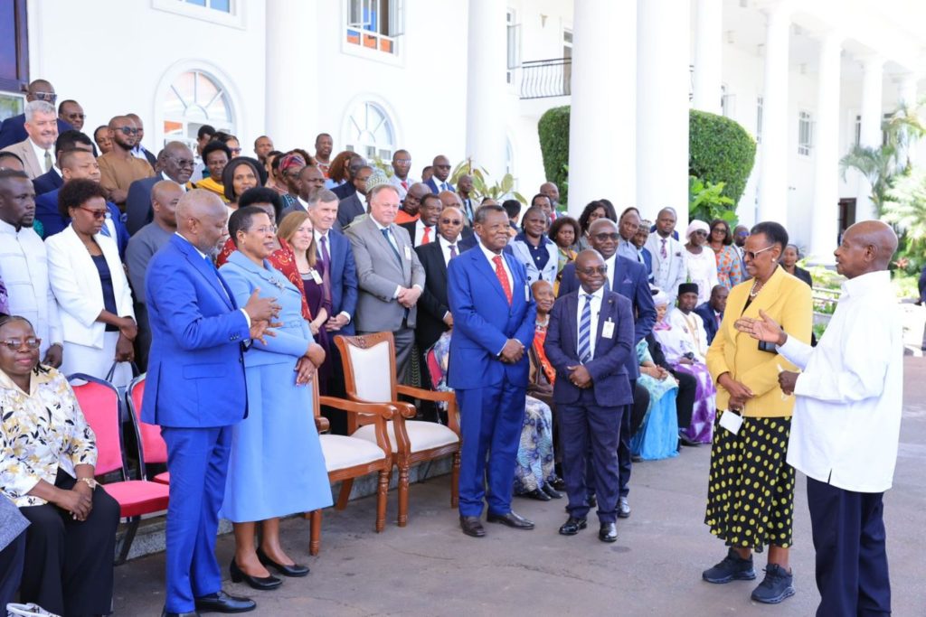 Ugandan President Yoweri Museveni (right) and First Lady Janet Museveni greet participants at the African Inter-Parliamentary Conference on Family and Sovereignty at the State House in Uganda. (Photo source: Parliament of Uganda).