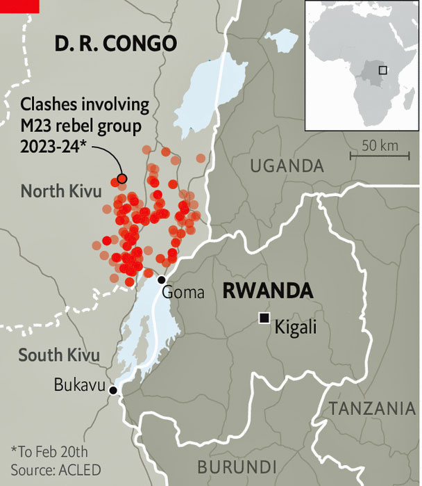 Map shows areas of fighting between Congolese and M23 forces in 2023 and 2024.