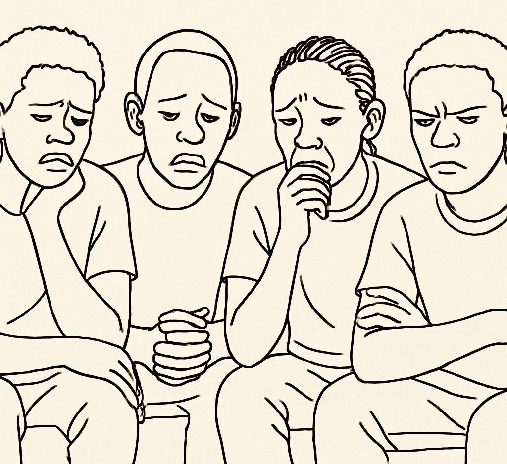 This illustration of innocent Muslim prisoners Sol, Sabir, Yabby and Dom was created from written descriptions of them with the help of ChatGPT and PhotoShop.