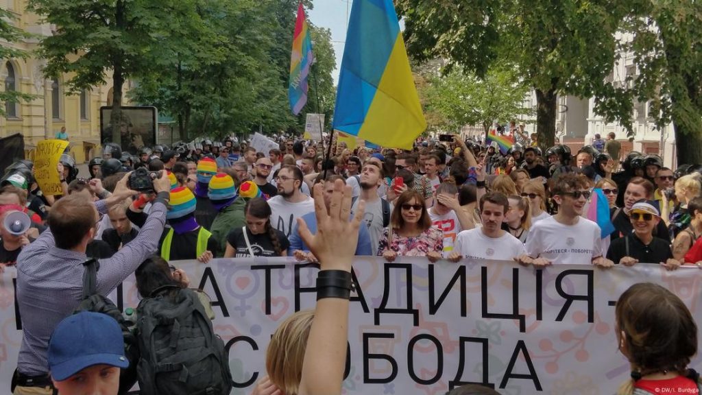 The 2019 Pride parade in Kyiv, Ukraine, included Western diplomats and a group of uniformed soldiers from the war with Russia-backed separatists in the east. (Photo courtesy of DW)