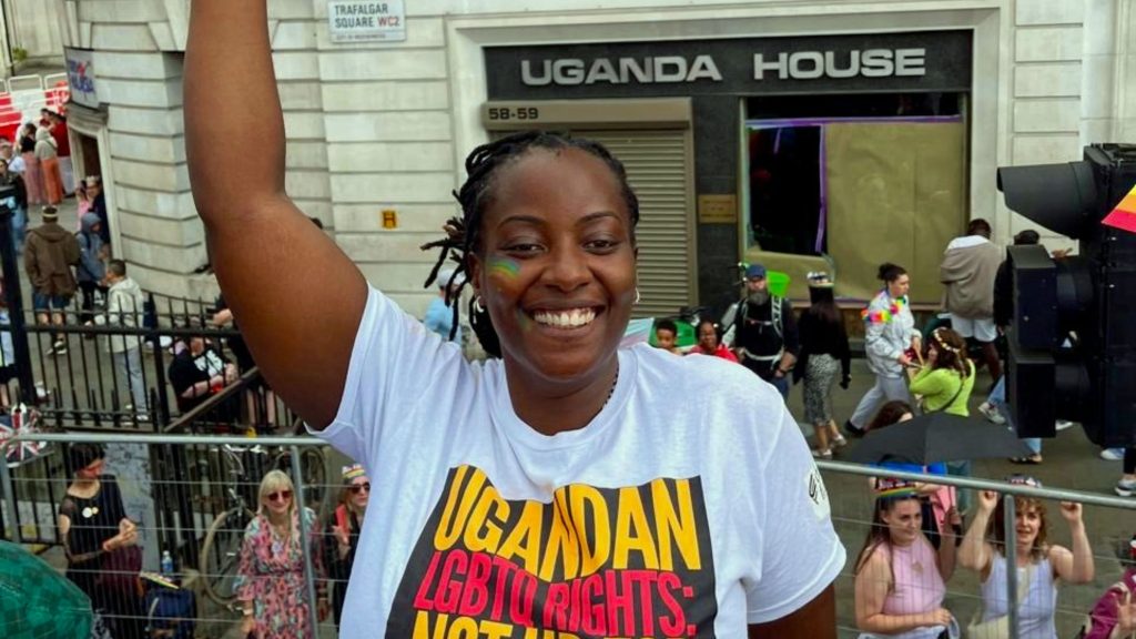 Clare Byarugaba outside Uganda House in London (Photo courtesy of Diva Magazine and Clare Byarugaba)