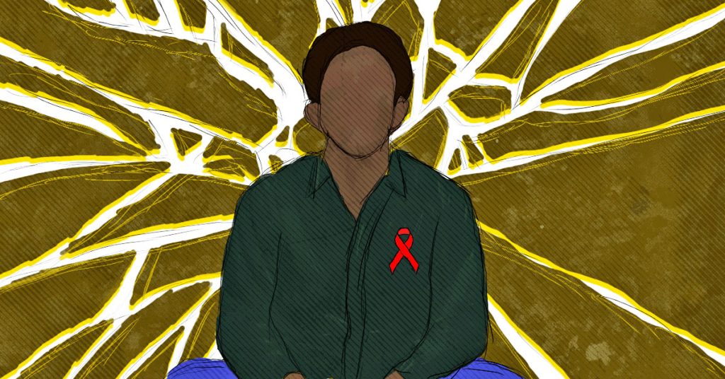 llustration by Rex Opara shows a young man wearing a red HIV awareness ribbon. In the background is shattered glass with a bright white light showing in the cracks.