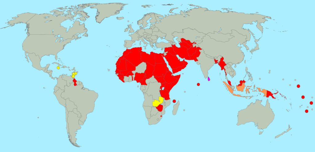 <strong>Map of the 65 countries where sexual relations between people of the same sex are illegal. <span style="color: #ffff00;">YELLOW</span> countries have sodomy laws that are currently being challenged before local courts. Sri Lanka, in <span style="color: #ff00ff;">PINK</span>, currently has a bill before its parliament to repeal its sodomy law. Indonesia, in <span style="color: #ff6600;">ORANGE</span>, has laws that criminalize homosexuality only in some subnational jurisdictions. All states in <span style="color: #ff0000;">RED</span> have nationwide sodomy laws and no known legislative efforts or court challenges to remove them. </strong>