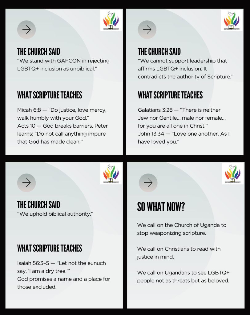 The Universal Coalition of Affirming Africans Uganda compiled this scriptural response to the anti-LGBTQ stance of the Church of Uganda.