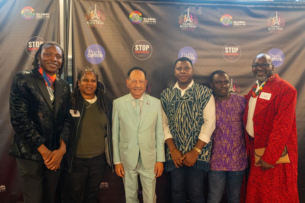 From left to right: Micheal Ighodaro, Pierrette Pyram, Jean-Luc Romero-Michel, Thomas-Steve Ologo Issekou, Patrick Kouassi, Reverend Jide Mac-Aulay (photo by Daniel from Global Black Pride).
