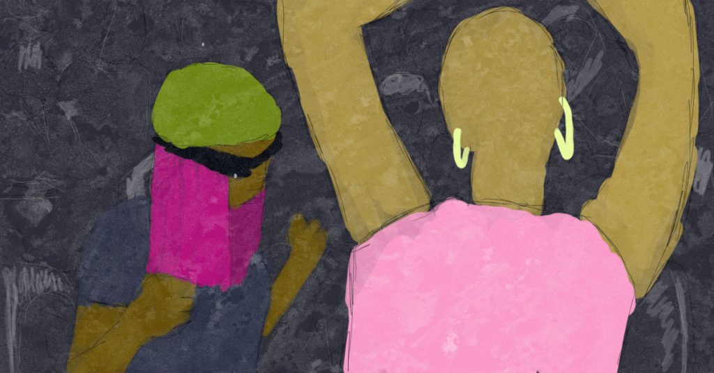 Black queer figures dancing in an underground rave. (Illustration by Rex Opara courtesy of Minority Africa)