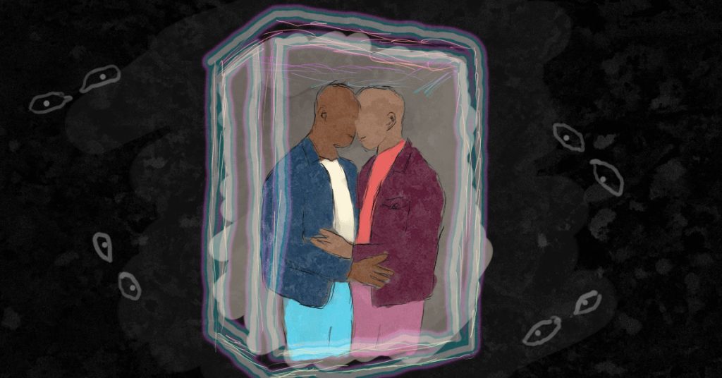 Illustration by Rex Opara shows two men in an embrace, surrounded by floating eyes. (Courtesy of Minority Africa)