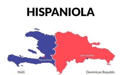 Haiti on the left in blue and Dominican Republic on the right in red (Photo courtesy of @maps.and.maps)