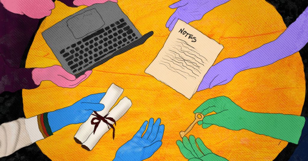 A group of colorful, stylized hands forms a circle around a golden table, each offering something to another — a laptop, handwritten notes, rolled certificates, and a small key. (Rex Opara illustration courtesy of Minority Africa).