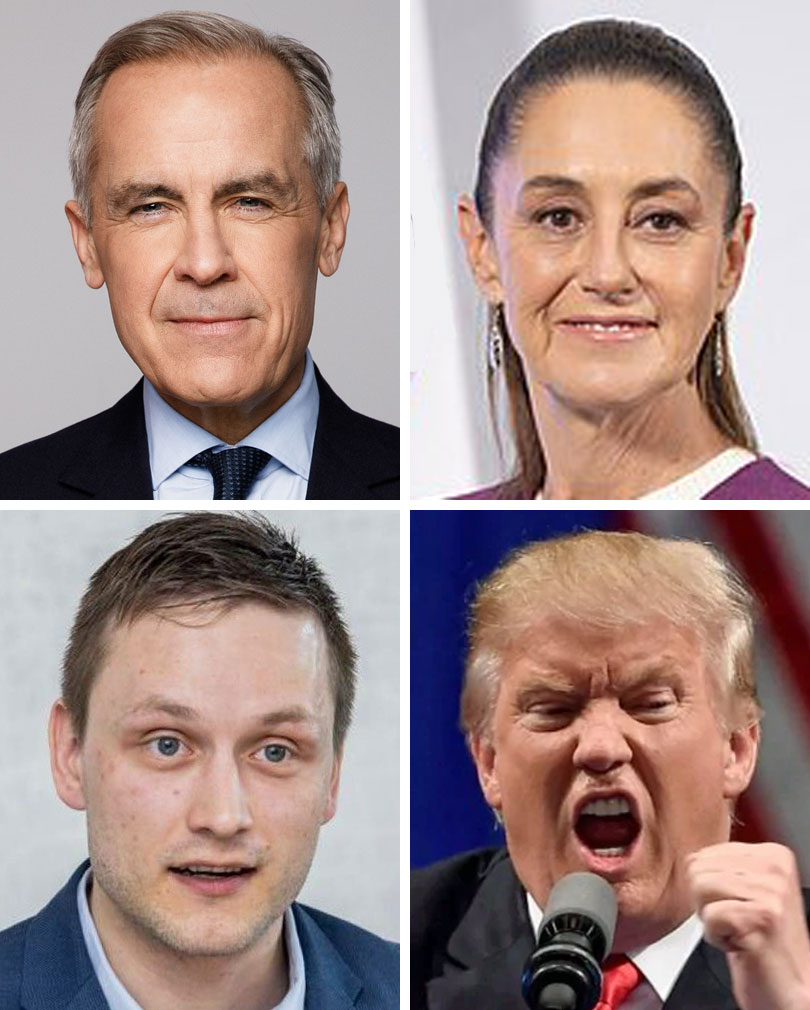 Governmental leaders of North America, clockwise from top left: Mark Carney, prime minister of Canada; Claudia Scheinbaum, president of Mexico; Donald Trump, president of the United States; and Jens-Frederik Nielsen, prime minister of Greenland. (Photos courtesy of Canada, Wikipedia, Reuters and PBS)
