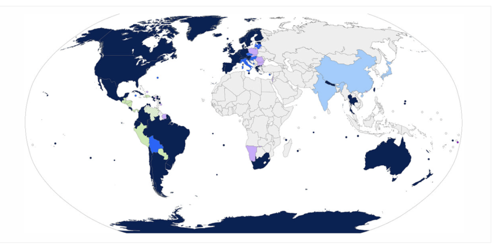 Map of Same-Sex Relationship Recognition Laws — DARK BLUE: Equal marriage. MEDIUM BLUE: Civil unions. LIGHT BLUE: Some same-sex relationship recognition or rights, but no national registration system. PURPLE: At least some recognition of foreign same-sex marriages, either in effect or ordered by courts. GREEN: Country is bound by Interamerican Court ruling to introduce same-sex marriage, but has not done so.