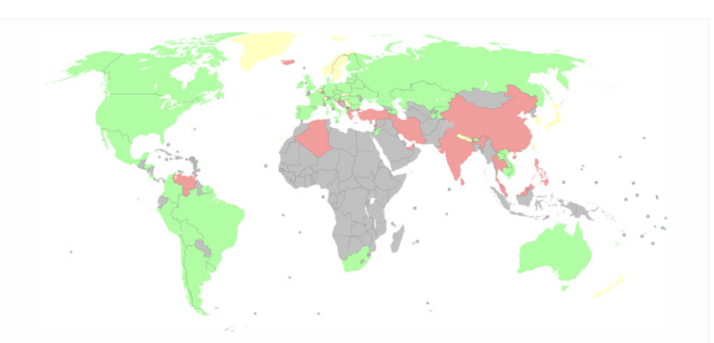 Map of Blood Donation Policies — GREEN: Men who have sex with men may donate blood, no deferral. YELLOW: Men who have sex with men may donate blood after a deferral period. RED: Men who have sex with men may not donate blood. GREY: No policy data.