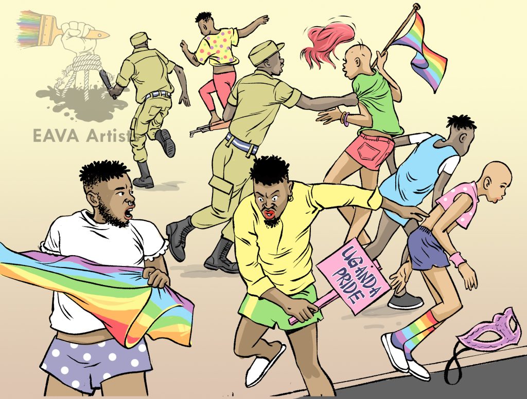 East Africa Visual Artists used this illustration of Ugandan police breaking up a Pride celebration to illustrate its article about latest court ruling declaring an LGBTQ advocacy workshop illegal.