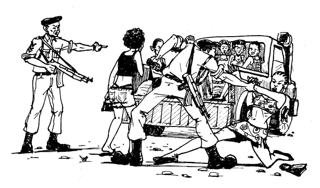 Arrest of two women for kissing, as illustrated by East Africa Visual Artists. (Illustration courtesy of EAVA)