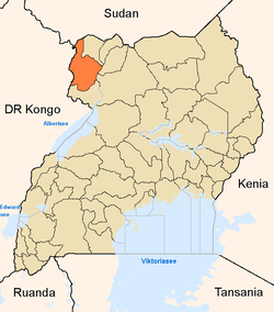 Location of Arua in Uganda, with country labels in German. (Map courtesy of Wikimedia Commons)