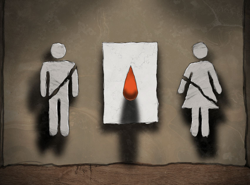 Illustration shows two cracked restroom symbols with a flow of blood between them. (Rex Opara illustration courtesy of Minority Africa)