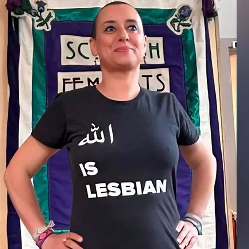 Ibtissam (Betty) Lachgar wore her "Allah is lesbian shirt in in a 2022 Facebook post as an act of solidarity with two LGBTQ activists in Iran who were sentenced to death after being accused of promoting homosexuality, promoting Christianity, and communicating with media hostile to the Islamic Republic. (Photo courtesy of Ibtissam Lachgar)
