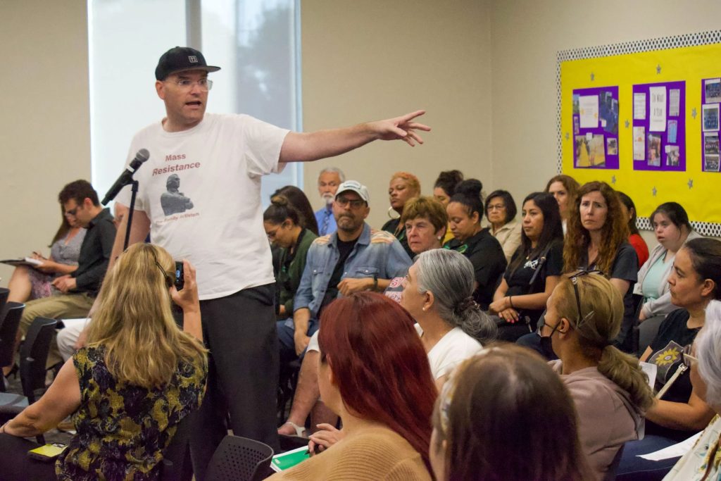 Arthur Schaper, the California Mass Resistance field director, speaks in opposition to  a California high school's Wellness Center in 2023, claiming that it would encourage students to change their gender.(Vincent Medina photo courtesy of Norwalk Patriot)