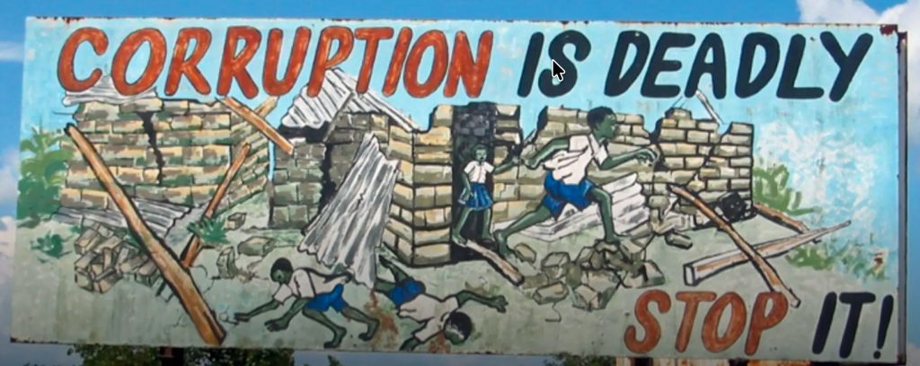 Anti-corruption billboard in Uganda refers to officials stealing iron roofing sheets meant for development projects. (Photo courtesy of HRW)