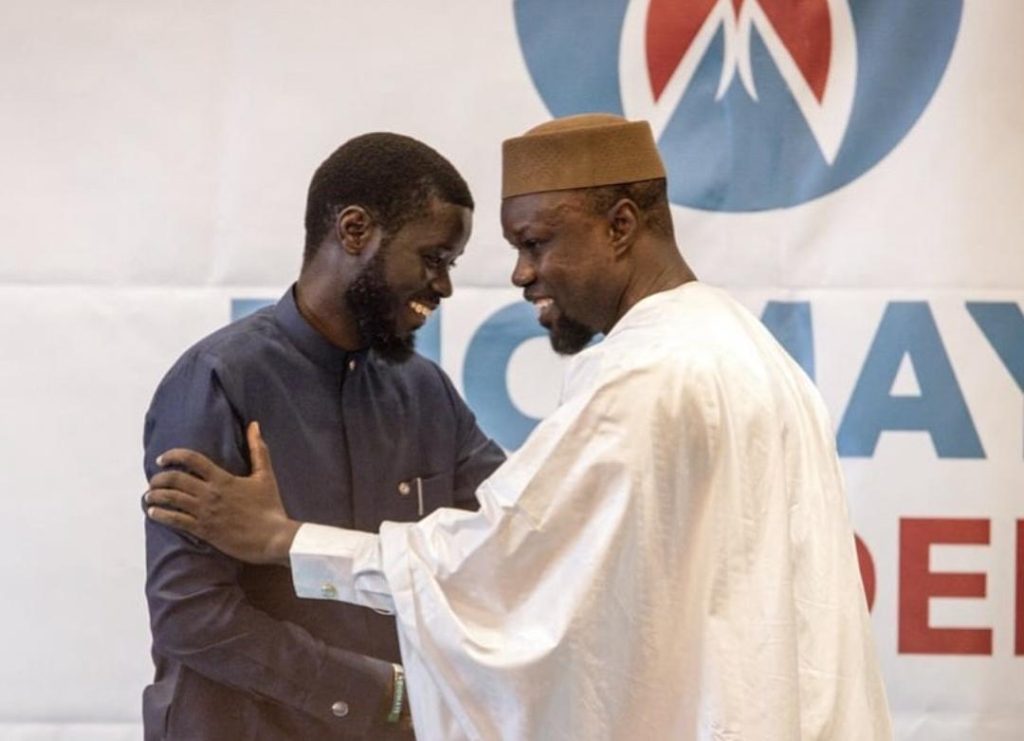 Senegal President Bassirou Diomaye Faye (left) with former Prime Minister Ousmane Sonko in 2024. Ousmane was sacked as Prime Minister days before this article was published. (@lifemag.ci on Instagram)