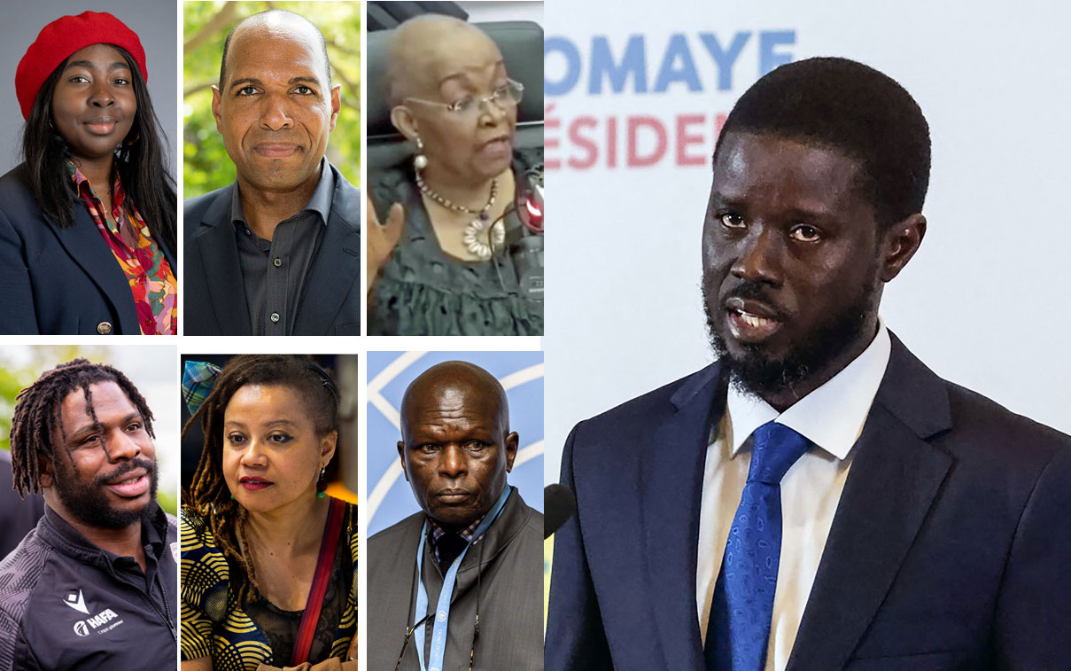 Senegal President Bassirou Diomaye Faye (right) and six of the 30 who sent him the open letter. Clockwise from upper left: Annah Bikouloulou, deputy mayor of Paris; Olivier Serva, member of the National Assembly for Guadeloupe; Alice Nkom of Cameroon, lawyer, member of the UN Permanent Forum on People of African Descent; Doudou Diène of Senegal, former UN Special Rapporteur on new forms of discrimination; Eva Doumbia of France, director and writer; and Jérémy Clamy-Edroux, former professional rugby player, engineer and lecturer. (Photos courtesy of Wikimedia Commons, City of Paris, Instagram, The Guardian of Nigeria, X and Radio France)