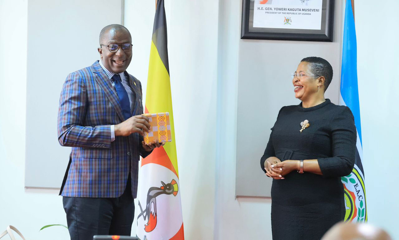 Andrew Asiamah Amoako, the second deputy speaker of the Ghana Parliament (left), meets with Anita Among, then speaker of the Parliament of Uganda, during the Ghanaian lawmakers' visit to Uganda in February 2026. (Photo courtesy of the Parliament of Uganda)