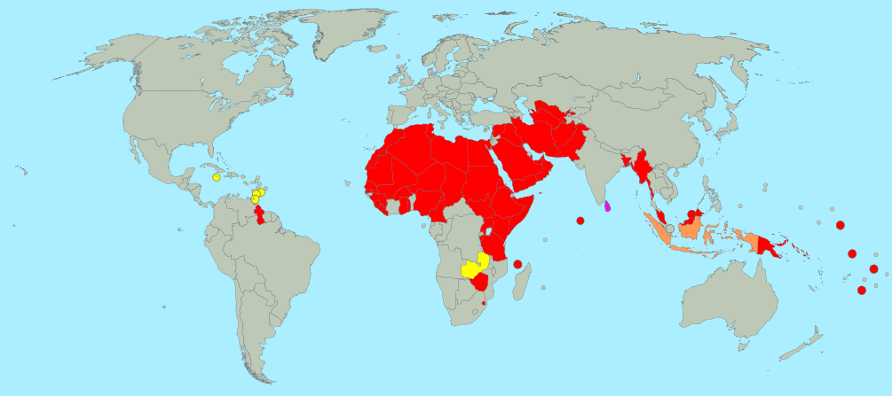 Map of the 66 countries where sexual relations between people of the same sex are illegal. YELLOW countries have sodomy laws that are currently being challenged before local courts. Sri Lanka, in PINK, currently has a bill before its parliament to repeal its sodomy law. Indonesia, in ORANGE, has laws that criminalize homosexuality only in some subnational jurisdictions. All states in RED have nationwide sodomy laws and no known legislative efforts or court challenges to remove them. 