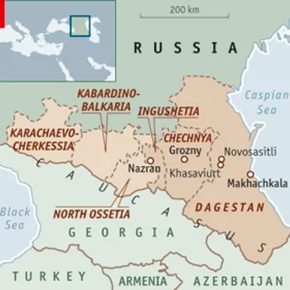 The Caucasus region between the Black Sea and the Caspian Sea. (Map courtesy of The Economist)