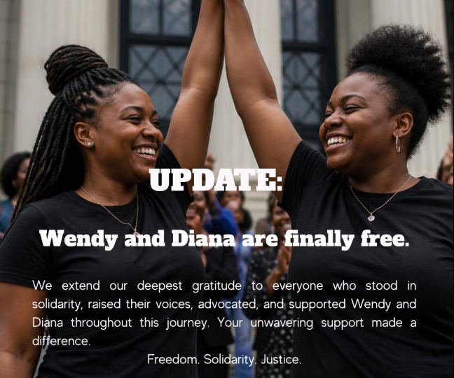 Ugandans Wendy Faith (Torrero Bae) and Alesi Diana Denise celebrate the dropping of charges against them. (Photo courtesy of SMUG / X)