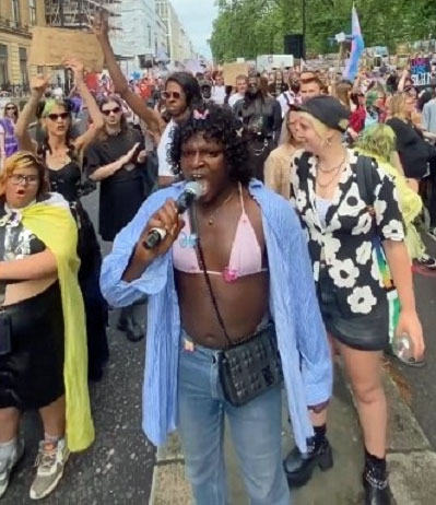 Darkwah speaking at London protest march in 2023. (Photo courtesy of Ghana Web)