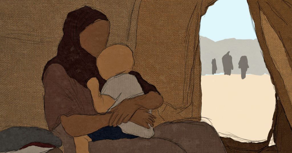 Kenya scene: Inside a simple canvas tent at Kakuma Camp, a mother sits holding a small child tightly against her chest. (Rex Opara illustration courtesy of Minority Africa)
