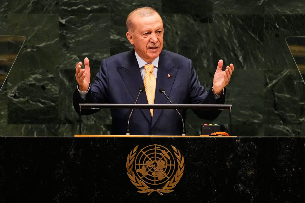 Turkey's President Recep Erdogan speaks to the U.N. General Assembly on Sept. 22. (Seth Wenig photo courtesy of AP)